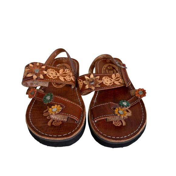 Artisanries D'Mitzy Huaraches Sandals Kids US Sz 0 Brown Leather Embossed Floral - Picture 6 of 8